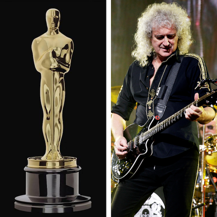collage statuette oscars et photo guitariste Queen Brian May pour l'annonce du live de Bohemian Rhapsody aux Oscars 2019 avec Adam Lambert