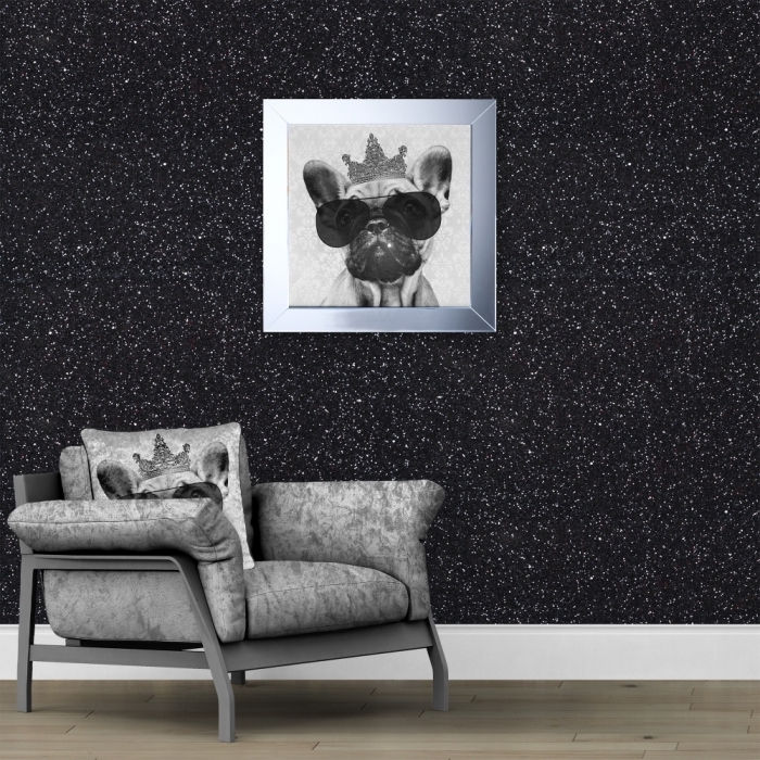 idée texture mur à effet glitter, déco de salon glamour au parquet bois avec mur noir à design pailleté et meubles gris