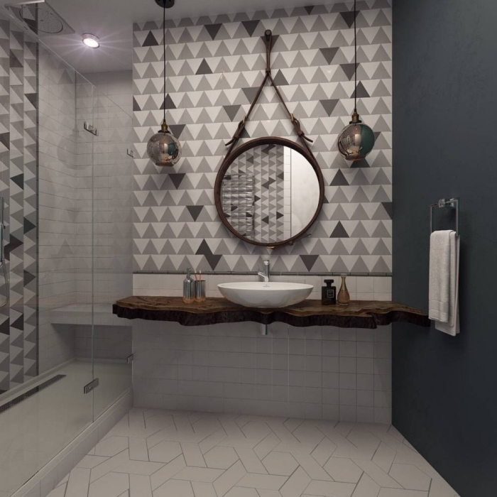 comment aménager une petite salle de bain avec douche, modèle comptoir salle de bain de bois brut, idée carrelage blanc et gris