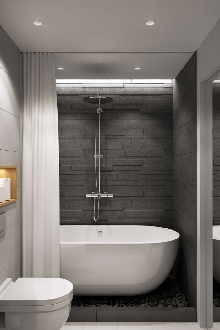 idée couleur salle de bain moderne, mur en relief de couleur gris anthracite, déco salle de bain avec baignoire autoportante