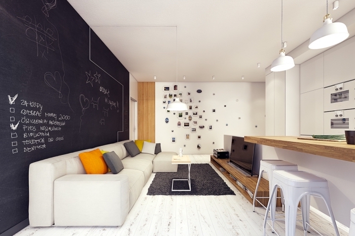 comment décorer une cuisine blanche avec plan de travail bois, exemple salon blanc avec mur à texture ardoise