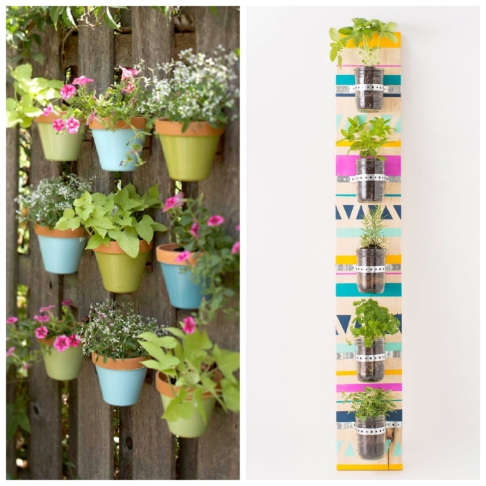 réaliser un petit jardin d'aromatiques en fixant les pots sur un support ou directement sur le mur, idée pour aménager jardin en hauteur à l'extérieur ou à l'intérieur