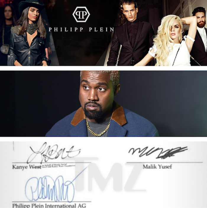 collage PP KW yeezy et fausse signature pour illustrer Philipp Plein arnaqué de 900000 pour un faux concert de Kanye West à la fashion week de nyc