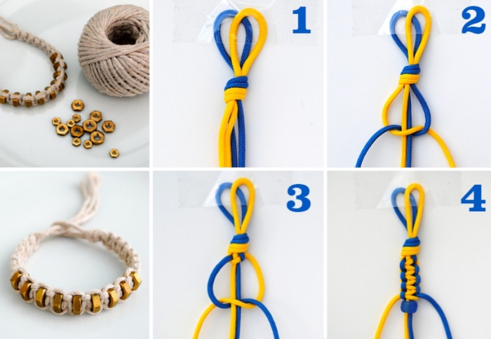 tutoriel pour fabriquer un bracelet en fil macramé avec ornements dorés, comment faire un noeud plat en deux couleurs