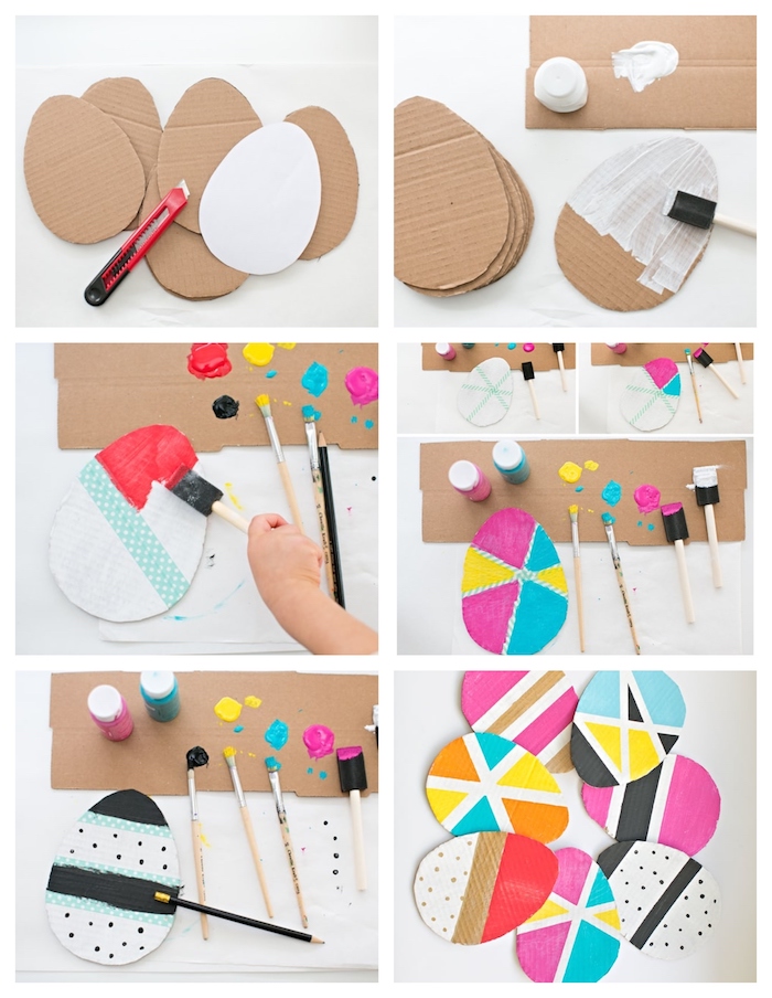 bricolage de paques pour tout petit, oeuf en carton ondulé repeint à motifs géométriques en peinture colorée avec washi tape