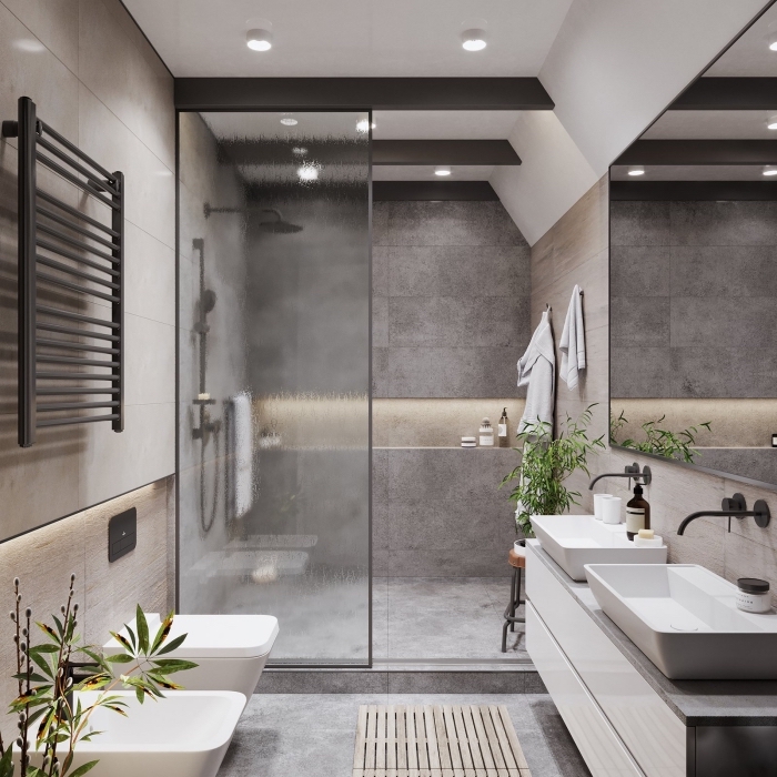 idée couleur salle de bain moderne, déco petite salle de bain aux murs imitation béton avec cabine de douche à séparation en verre
