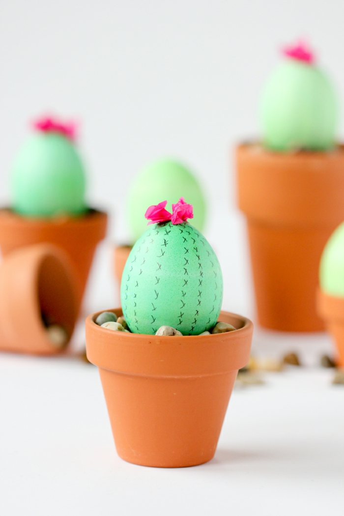 cactus avec petit oeuf teinté, cactus fleuri planté dans un pot de fleur, decoration paques originale