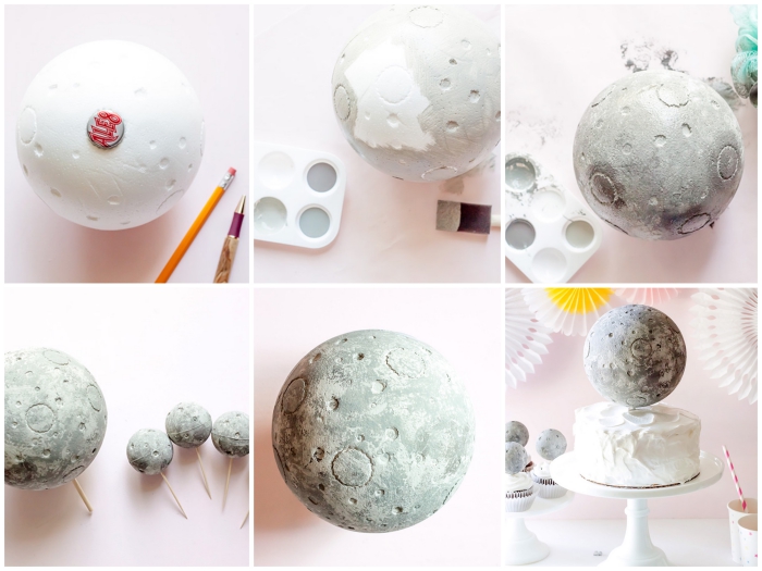 tuto facile pour réaliser un cake topper lune en polystyrène pour décorer un gâteau sur le thème cosmos