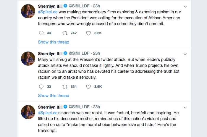 Capture écran réactions de Sherrilyn Ifill à la réaction de Donald Trump sur Tweeter aux propose de Spike Lee aux Oscars