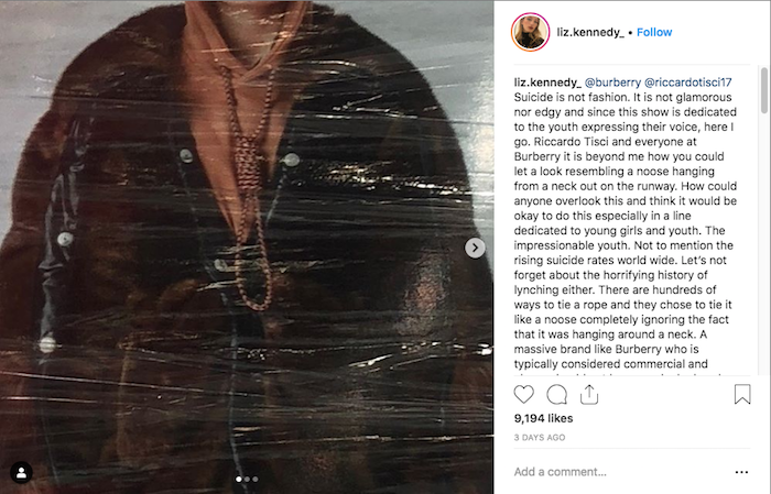 Liz Kennedy a déclaré sur Instagram le suicide n'est pas une mode et s'en est prise à Burberry pour son sweat à corde