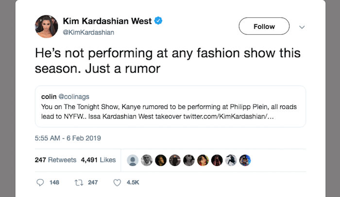 capture écran tweeter Kim Kardashian qui dément la venue de Kanye West à la fashion week de Philipp Plein, ce n'est qu'une rumeur