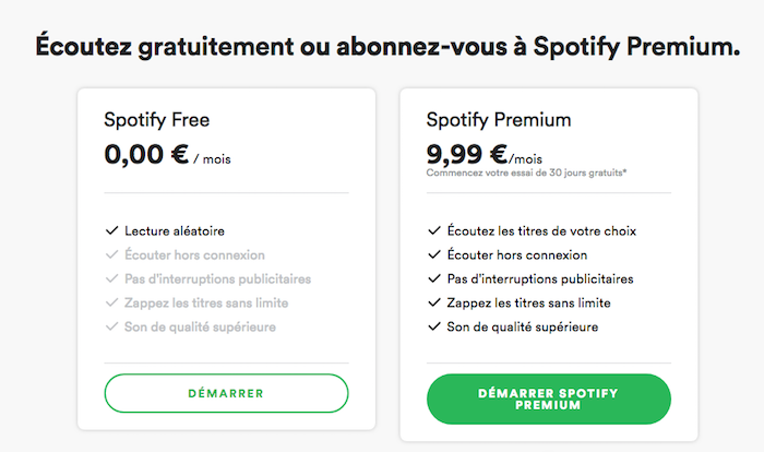 capture écran de l'offre Spotify pour illustrer la nouvelle mesure d'interdiction des bloqueurs de publicité pour les utilisateurs de comptes gratuits