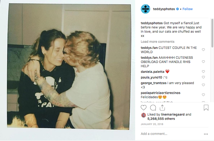 capture écran instagram Ed Sheeran du message de fiançailles et photo postés en janvier 2018 avant son mariage avec Cherry Seaborn