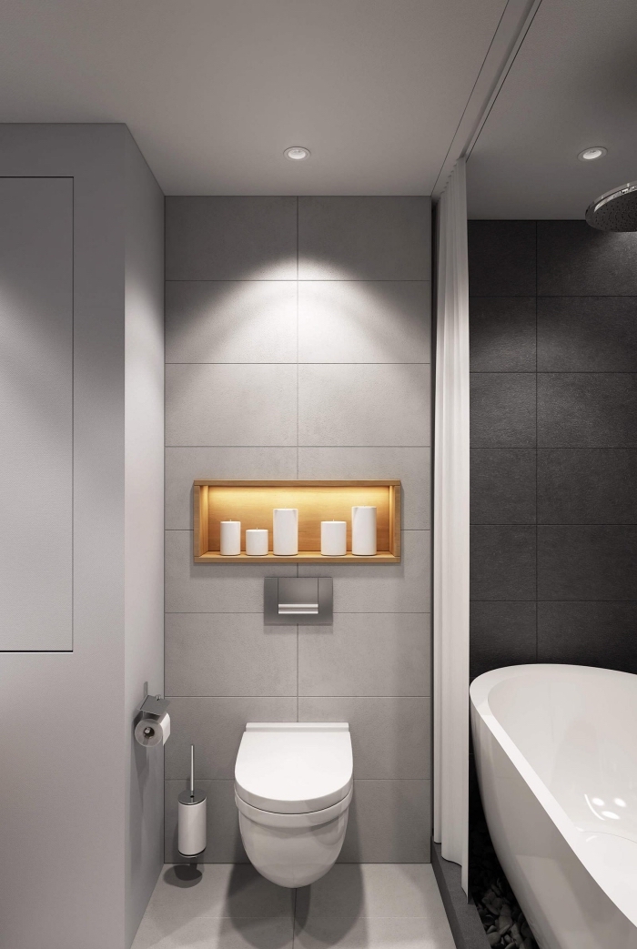 comment décorer une salle de bain en gris et blanc petit espace, modèle carreaux de bain de nuance gris anthracite