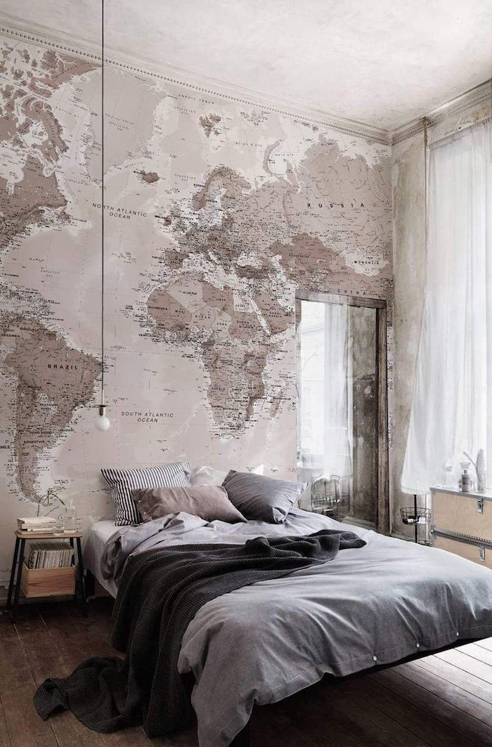 Mur plan du monde, belle décoration simple chambre rose pale et gris, deco chambre fille ado, deco chambre moderne hygge déco stylée 