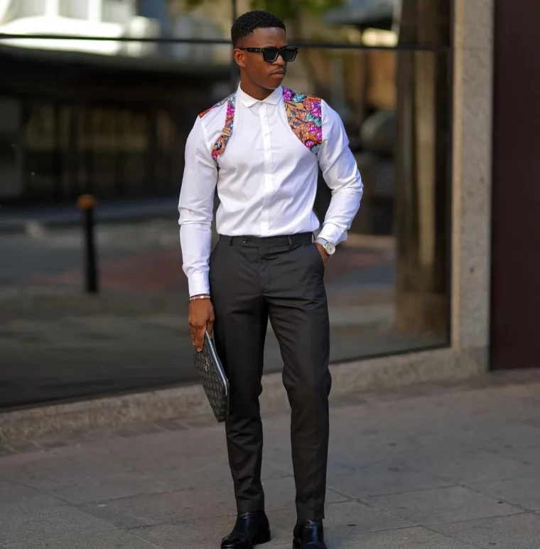 chemise africaine homme moderne pantalon noir lunettes soleil tendance