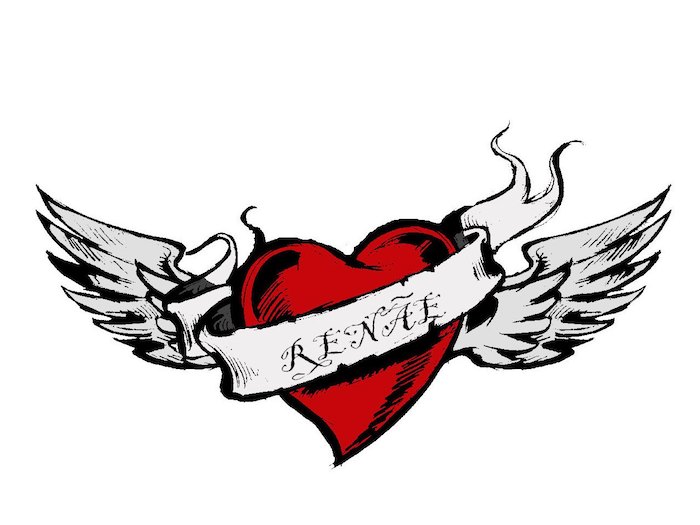 coeur rouge aux ailes et un prénom d amoureux écrit sur une bande qui passe au devant, dessiner un coeur original