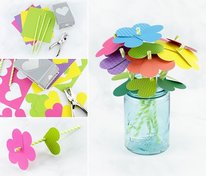 idée d activité manuelle facile, fleurs en coeurs de papier avec tige de paille en papier, activité manuelle 2 ans