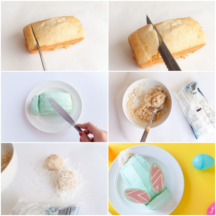 tuto facile pour décorer un gâteau de pâques en forme de lapin à partir d'une base de génoise à la vanillé, recouvert de glaçage vert pastel 