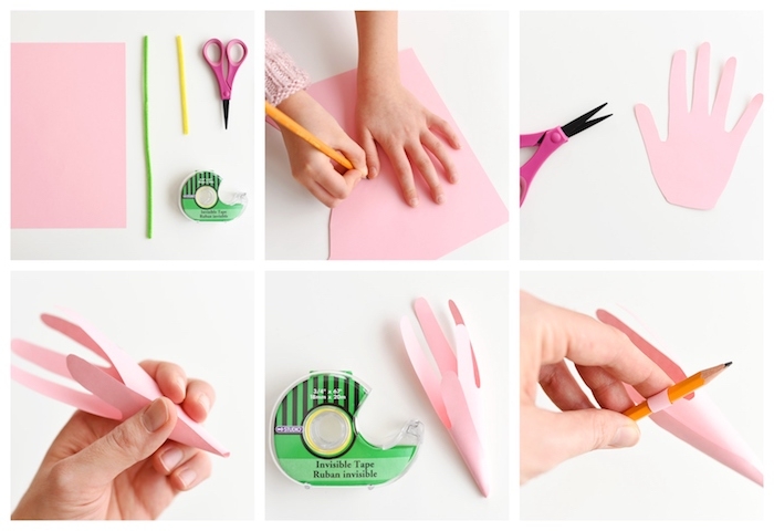 fleur de papier fabriqué dans papier rose, idée de bricolage printemps simple avec papier realisation etape par etape