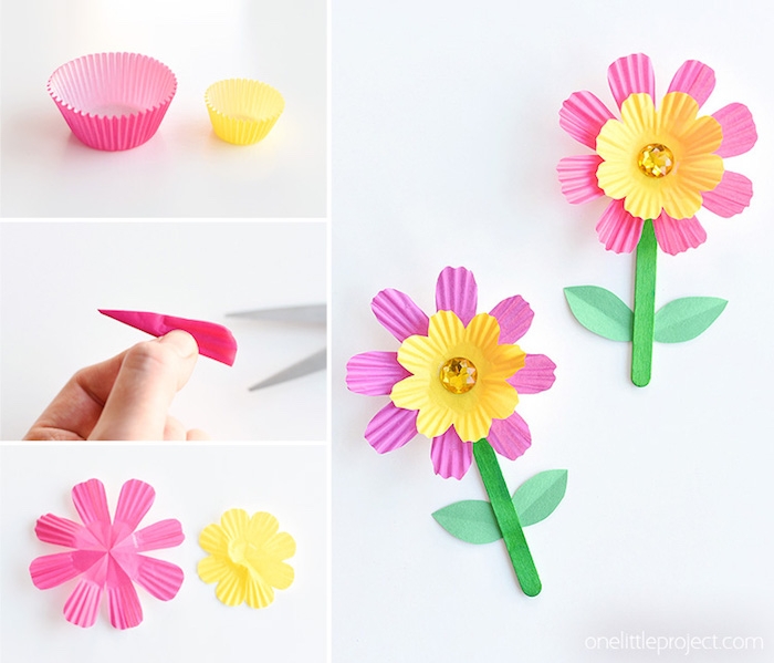 tuto fleur en papier fabriquée à partir une caissette à muffins rose et jaune avec strass au centre, activité pour tout petit