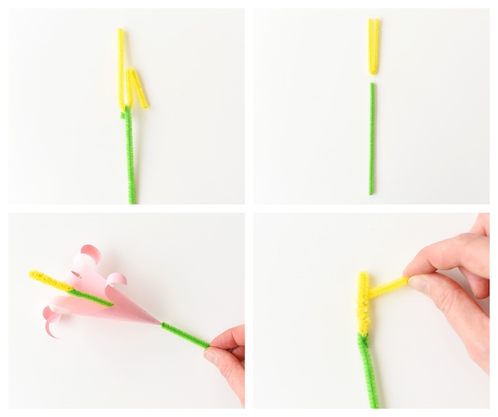 fleur de papier et tige en cure pipe, idées comment faire une fleur en papier, activité manuelle primaire simple