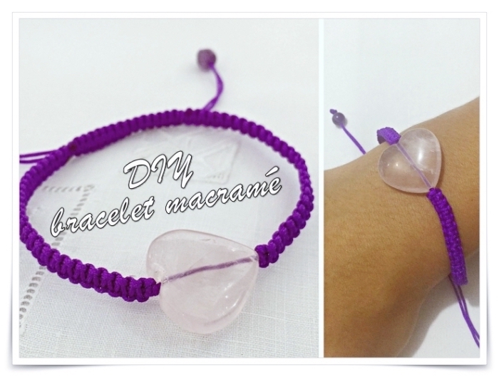 créer un bracelet tibetain facile, modèle de bijou diy réalisé en corde laine violette avec ornement coeur persé