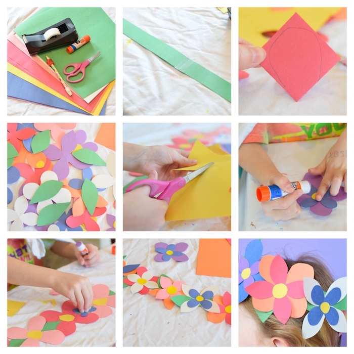 comment faire une couronne de fleurs de papier colorée en bandes et pétales de papier coloré, activités manuelles maternelle