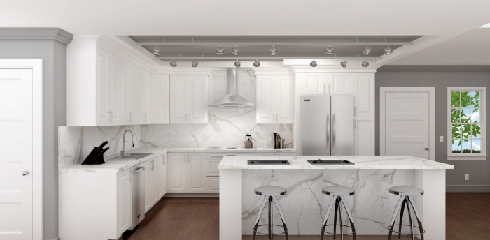 design intérieur moderne dans une cuisine blanche avec accents gris, idée crédence à design marbre blanc et gris