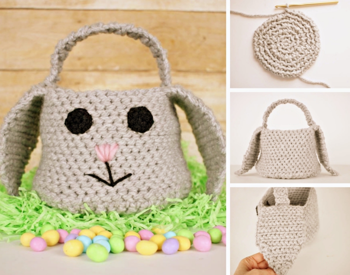 décoration de paques à fabriquer, faire un sac panier en crochet, panier diy en forme de lapin avec yeux et lèvres brodés