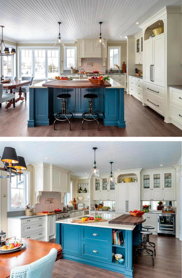 jolie cuisine bistrot, ilot bleu, lampes suspendues, sol en bois, table de repas vintage