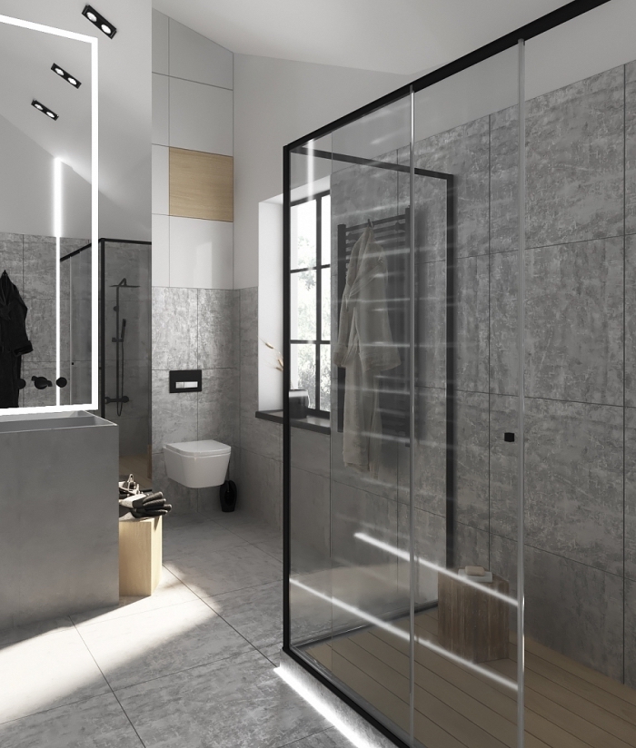 décoration salle de bain contemporaine aux murs à imitation béton de style industriel, effet visuel agrandissement espace avec miroir