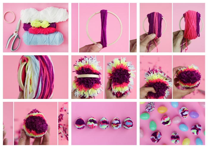 pompons multicolores taillés en forme d'oeufs, fils colorés et cerceau à broder, decoration paques facile