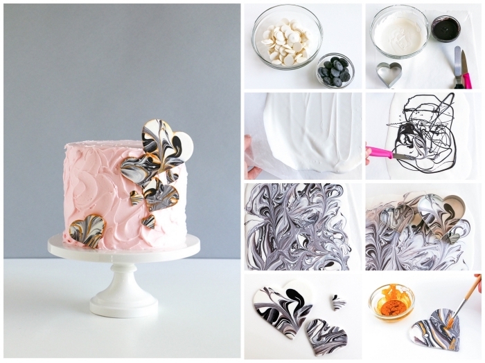 décoration gâteau d'anniversaire de petits coeurs à effet marbre réalisés en chocolat fondu