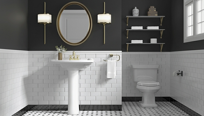 amenagement toilettes noir et blanc, miroir oval cadre, vasque pied, étagères murales, carreaux métro blancs 