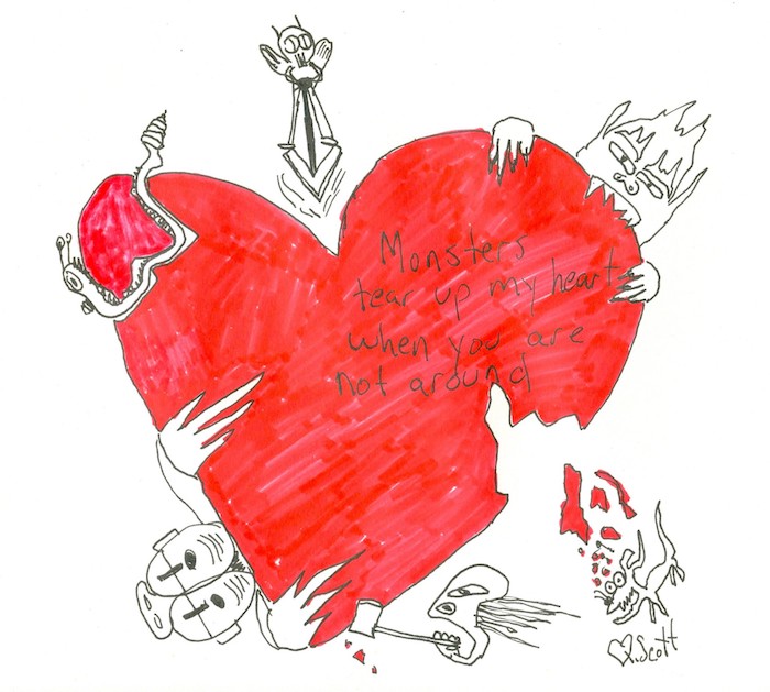 coeur rouge rongé par des monstres, exemple de dessin a faire soi meme graphique et rouge, image originale saint valentin