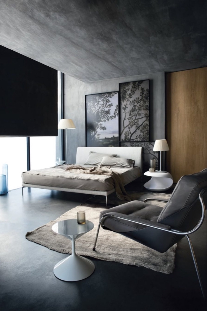 comment décorer une chambre à coucher masculine, exemple design intérieur moderne avec murs à effet béton