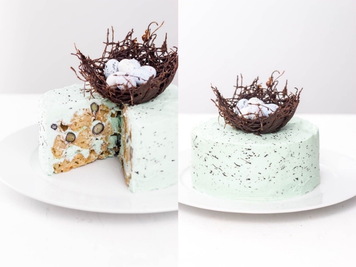 recette gateau nid de paques original de gaufres aux myrtilles recouvert de glaçage tacheté de crème au beurre décoré d'un nid en chocolat