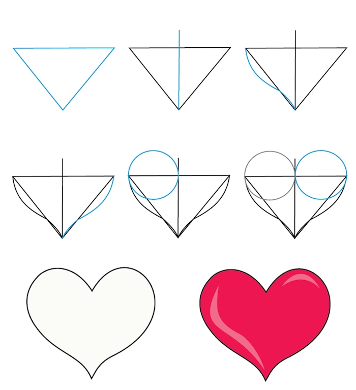 comment dessiner un coeur facilement à partir d un triangle étape par étape, coeur coloré en rouge