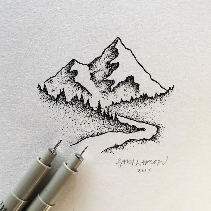 Idee dessin noir et blanc de montagnes ou coloriage paysage hiver, beauté de la nature en dessin, riviere et arbres