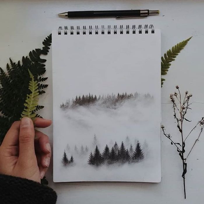 Simple idée commend dessiner des arbres enneigés, faire un pochoir de feuille, dessin facile et beau, image paysages de printemps