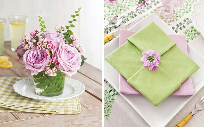 technique de pliage de serviette origami paques, serviette verte pliée en carré japonais et posée sur une assiette rose pastel, déco de table printanière