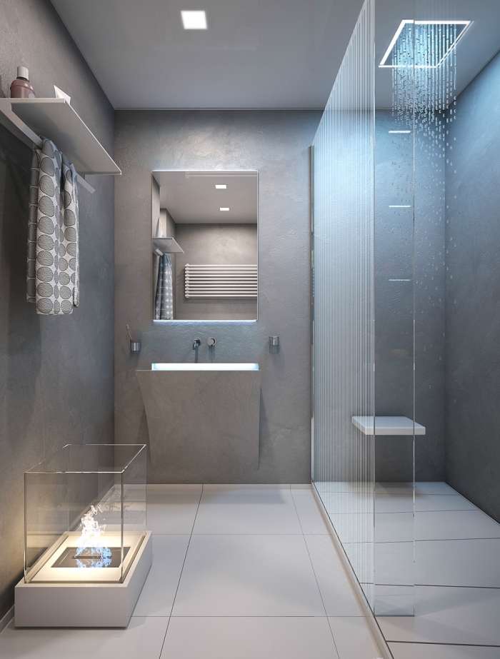 modèle cabine de douche aux murs avec peinture à effet béton et douche effet pluie, exemple de salle de bain grise