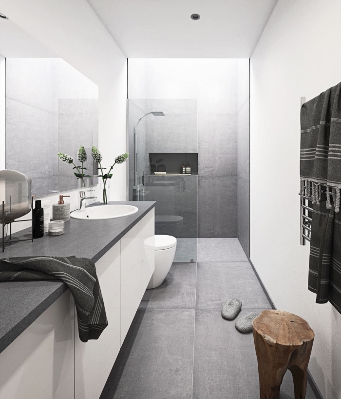 comment aménager une petite salle de bain, idée quelle couleur associer avec le gris, pinterest salle de bain moderne