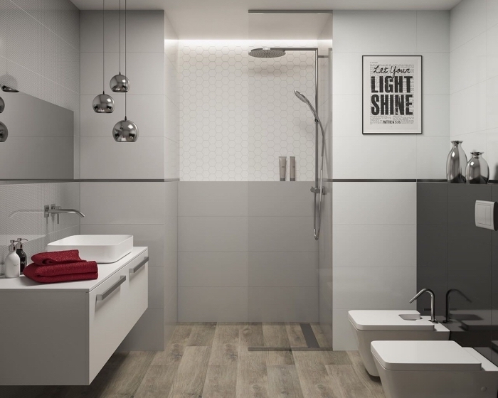 revêtement de plancher salle de bain à imitation bois, décoration salle de bain aux murs bicolore en blanc et gris