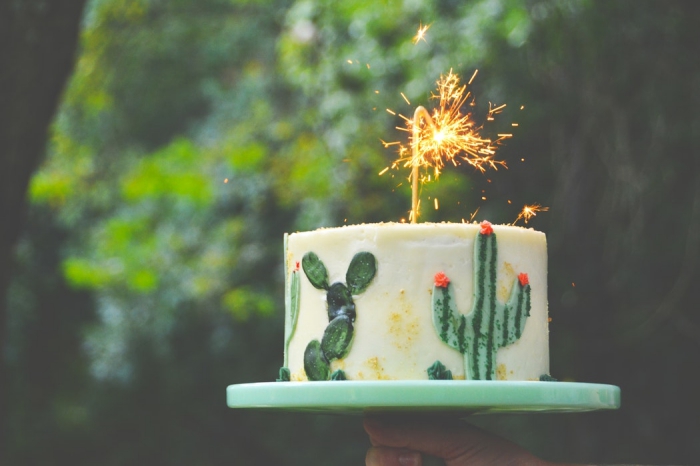 gateau anniversaire dessin cactus réalisé en pâte d'amande avec une bougie dorée allumée, idée de gâteau d'anniversaire sur le thème cactus