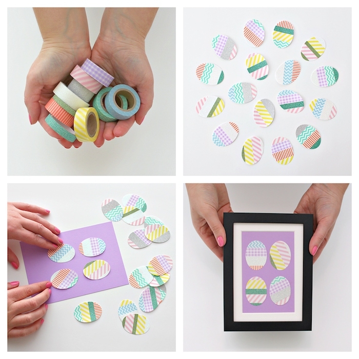 exemple de décoration de paques à fabriquer, oeufs de paques en washi tape sur papier violet à mettre dans un cadre