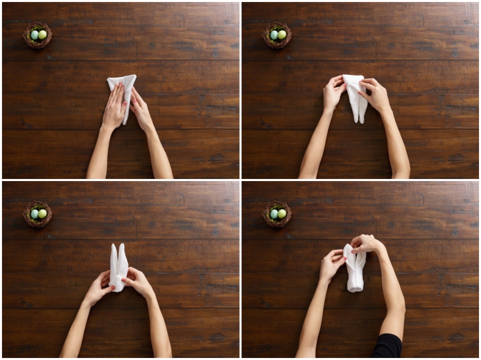 technique de pliage origami paques facile en forme de lapin de pâques, tuto pas à pas en images pour plier une seviette en lapin
