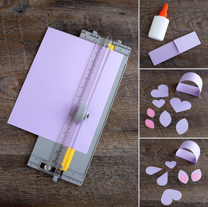 comment faire un lapin de paques en papier violet en découpant des éléments en papier, tuto etape par etape