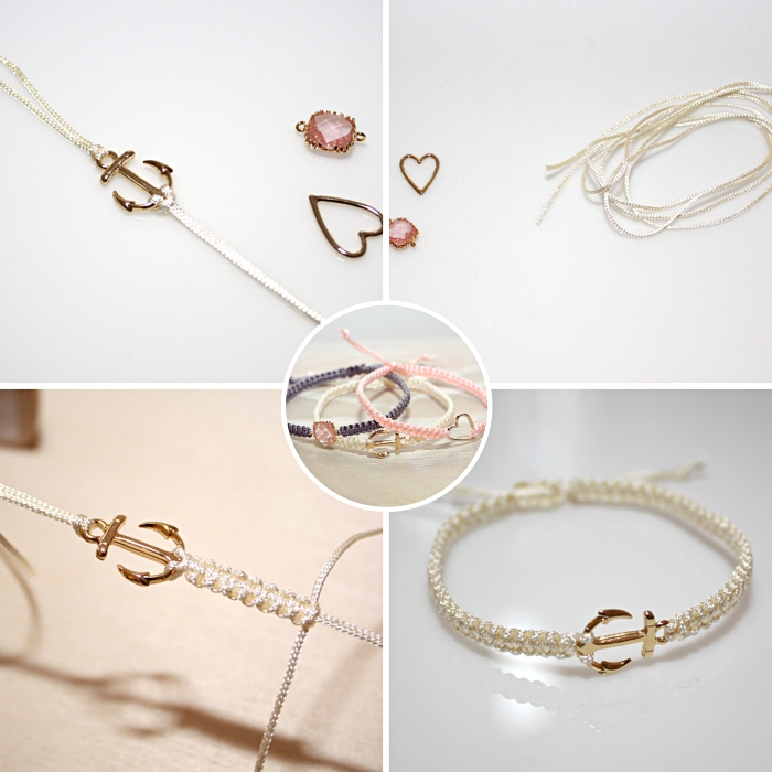 modèle de bracelet fait main avec des noeuds plats macramé, diy bracelet en corde blanche avec ébauche motifs ancre doré